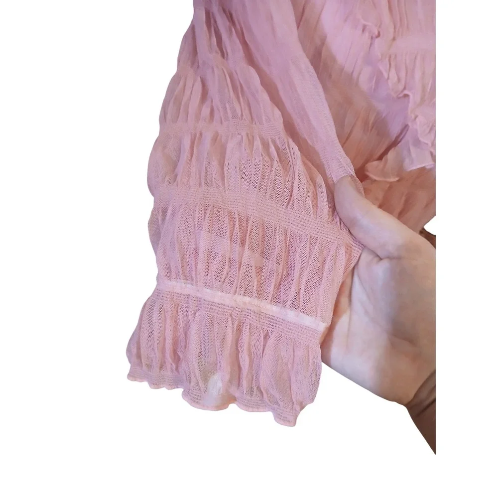 Massini Pink Ruffled V-Neck Blouse Mesh Pleated Top Large Fairy Feminine Stretch - Picture 3 of 9